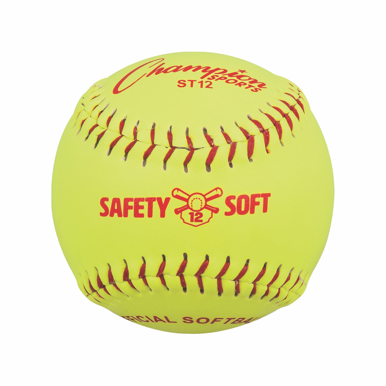 Yellow softball with red stitching and 'Champion Sports' branding on a white background