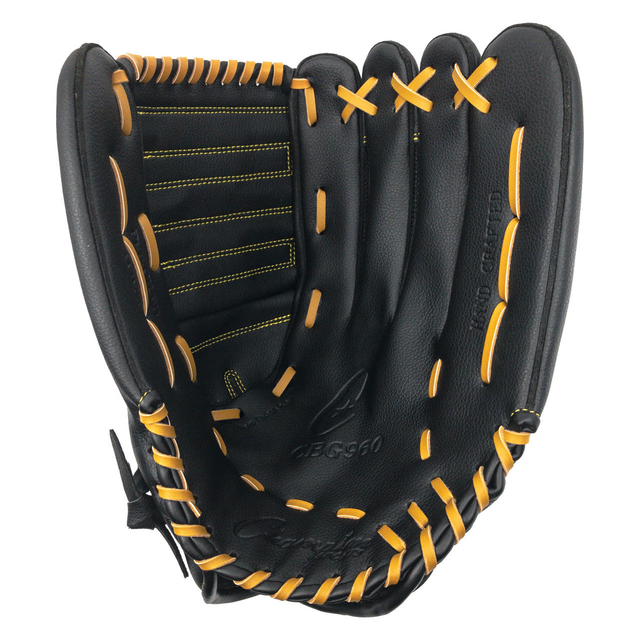 Black baseball Champion CBG960 14" Physical Education Fielder's Glove with yellow stitching on a white background