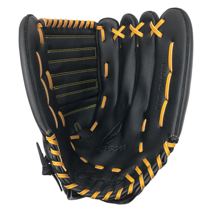 Black baseball Champion CBG960 14" Physical Education Fielder's Glove with yellow stitching on a white background