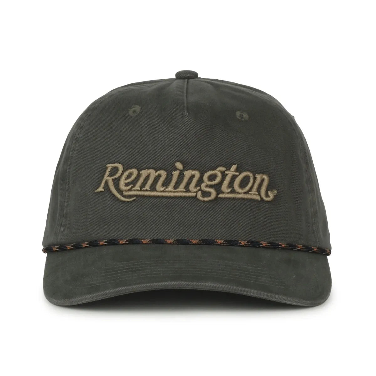 Olive colored baseball cap with 'Remington' logo on a white background