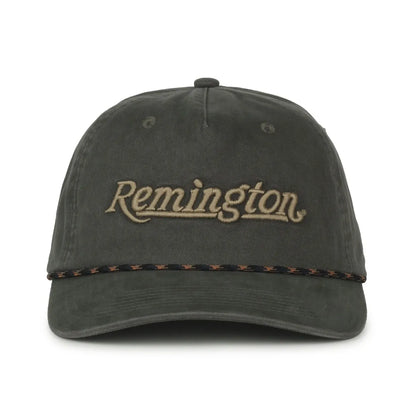 Olive colored baseball cap with 'Remington' logo on a white background