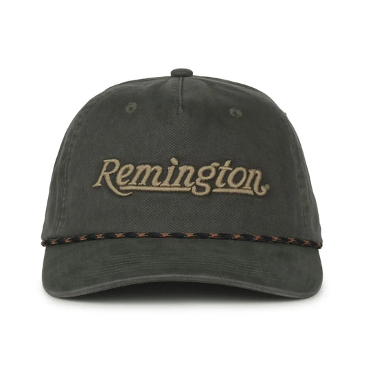 Olive colored baseball cap with 'Remington' logo on a white background