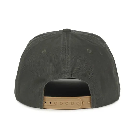 Olive colored Remington baseball cap with a black interior and brown leather patch on a white background