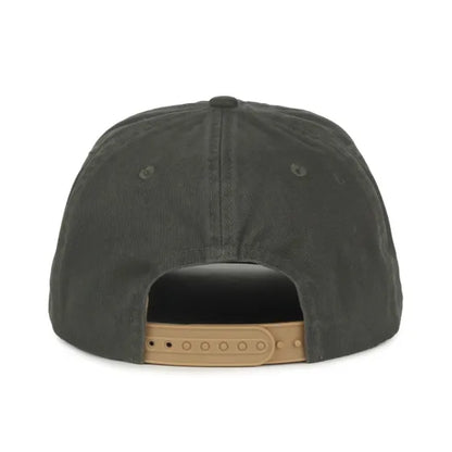 Olive colored Remington baseball cap with a black interior and brown leather patch on a white background