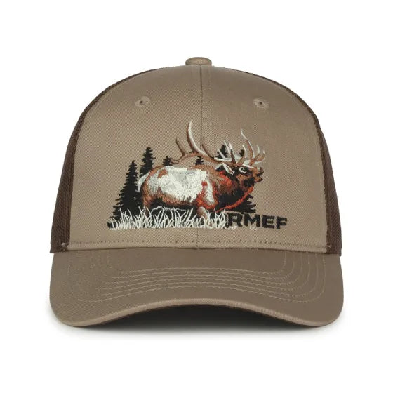 Brown cap with elk design and 'RMEF' logo on a white background