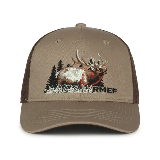 Brown cap with elk design and 'RMEF' logo on a white background
