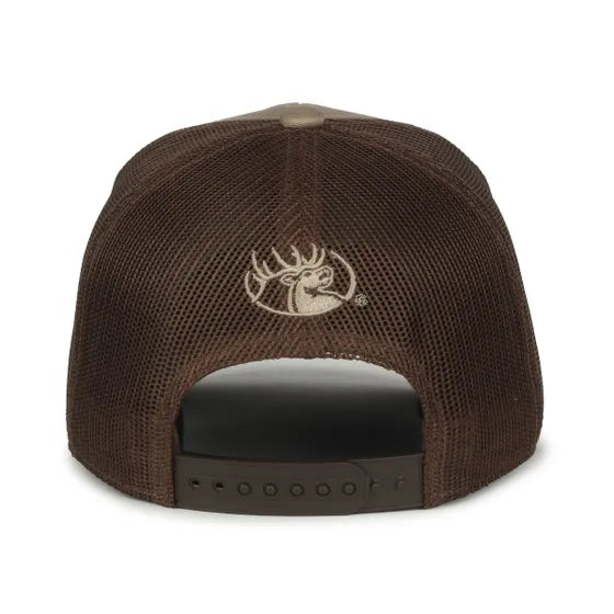 Brown mesh cap with a deer logo on the back against a white background