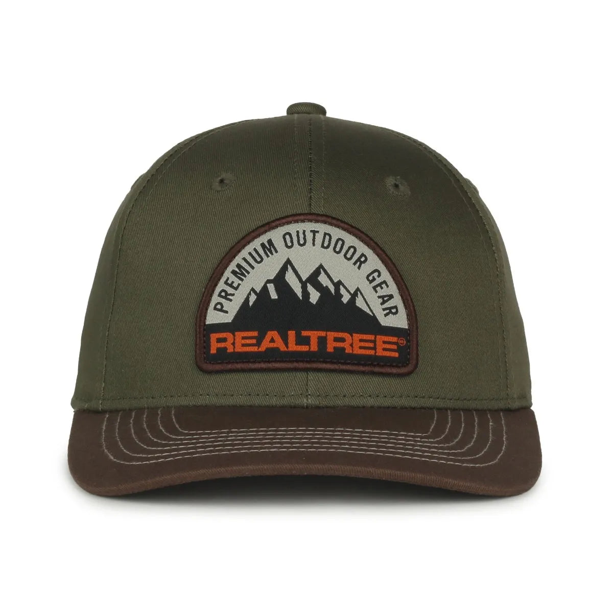 Olive Green colored baseball cap with Realtree logo on a white background