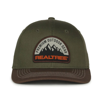 Olive Green colored baseball cap with Realtree logo on a white background