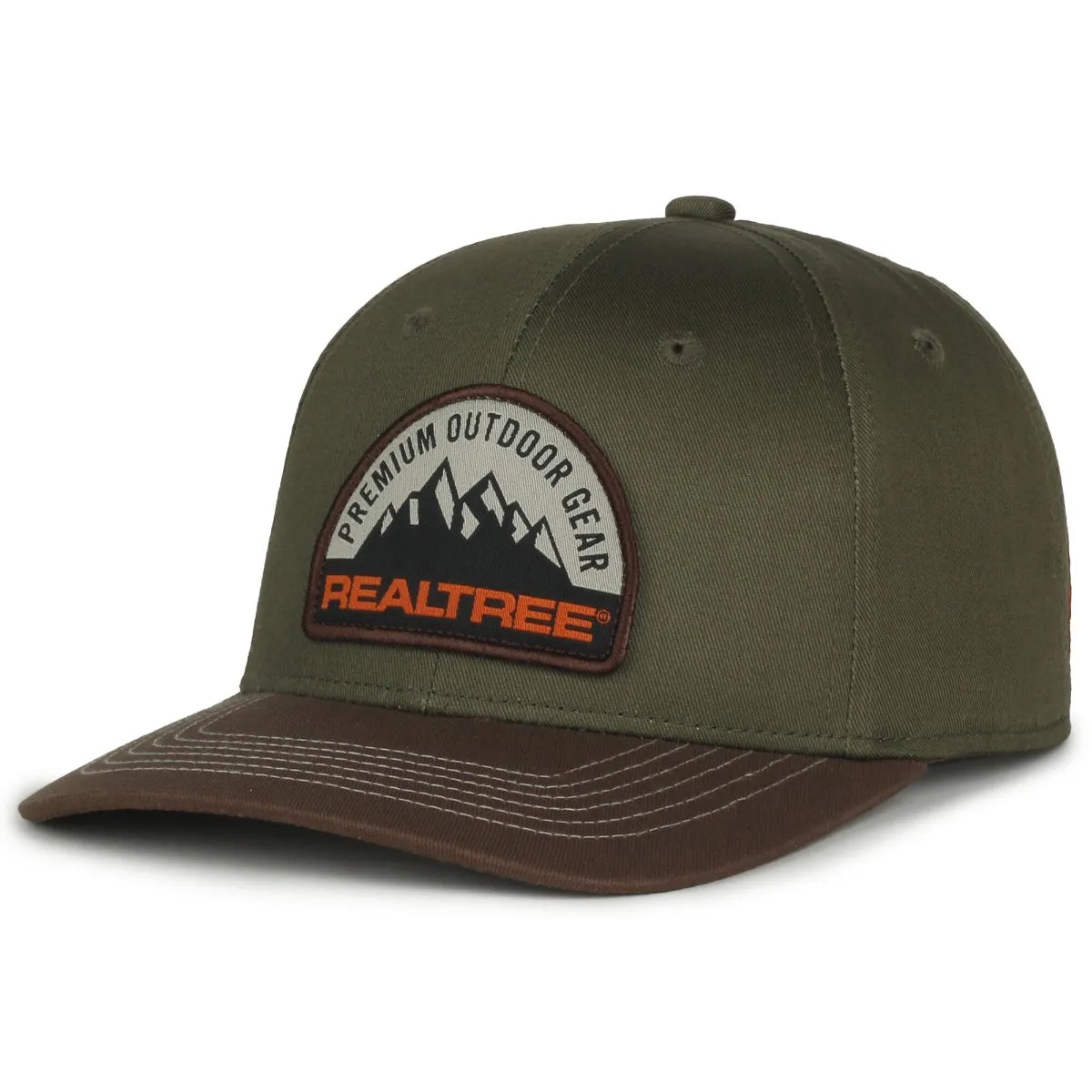Olive Green colored baseball cap with Realtree logo on a white background
