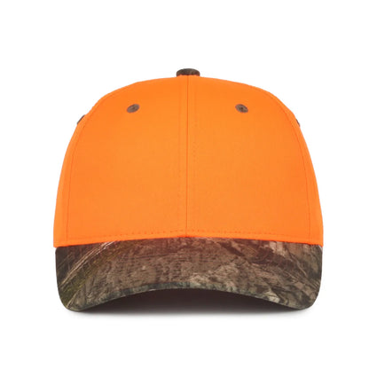 Orange and camouflage baseball 202IS-Blaze/Mossy Oak® Country DNA® cap front view on a white background