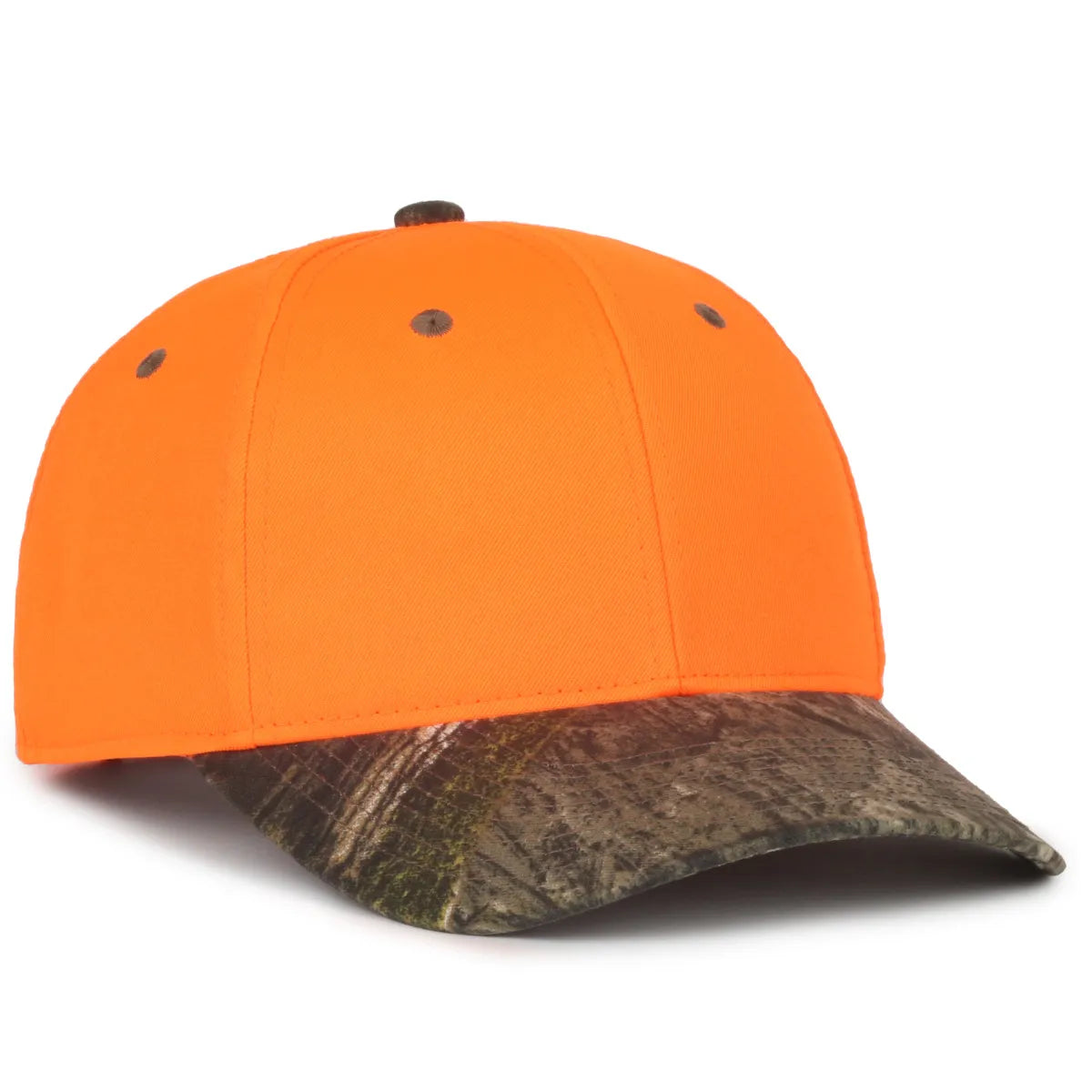Orange and camouflage baseball 202IS-Blaze/Mossy Oak® Country DNA® cap on a white background