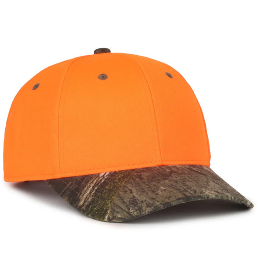 Orange and camouflage baseball 202IS-Blaze/Mossy Oak® Country DNA® cap on a white background