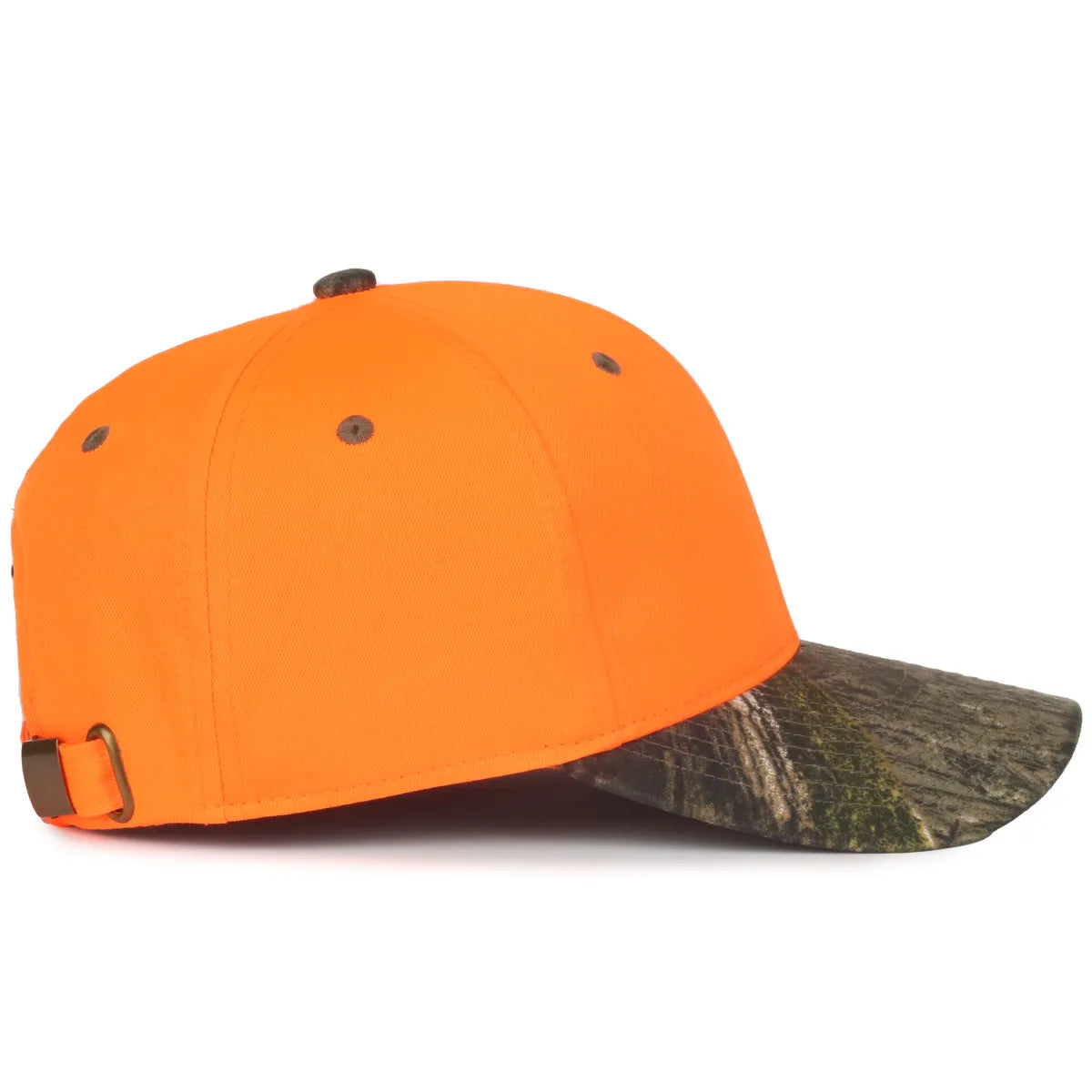 Orange and camouflage baseball 202IS-Blaze/Mossy Oak® Country DNA® cap side view on a white background