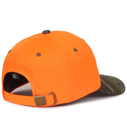 Orange and camouflage baseball 202IS-Blaze/Mossy Oak® Country DNA® cap side view on a white background