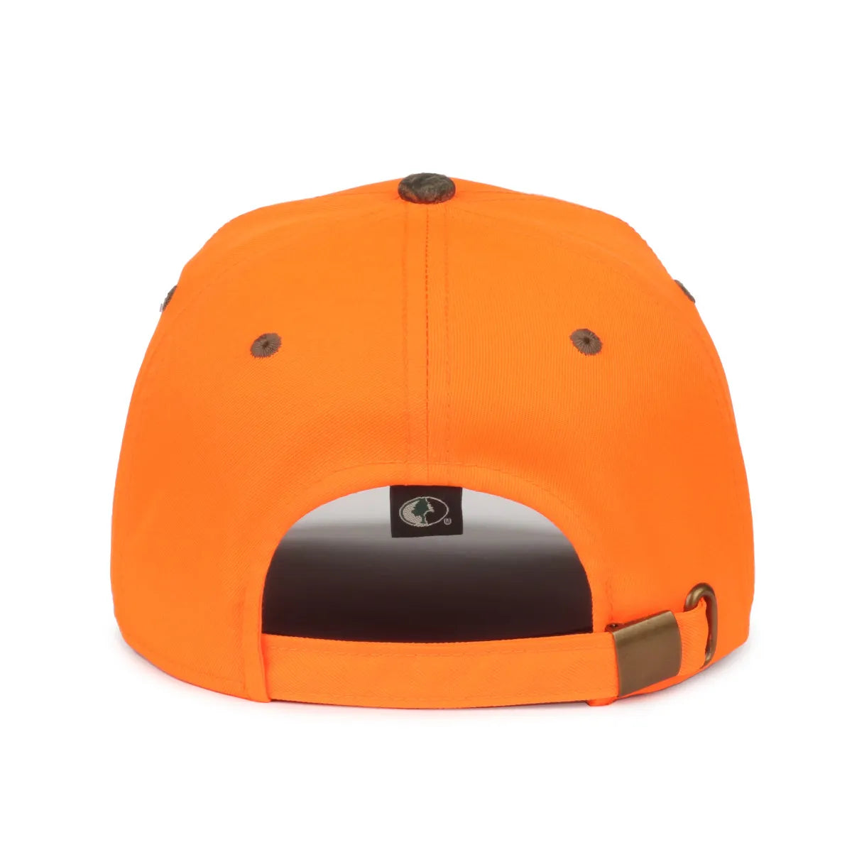 Orange and camouflage baseball 202IS-Blaze/Mossy Oak® Country DNA® cap back view on a white background