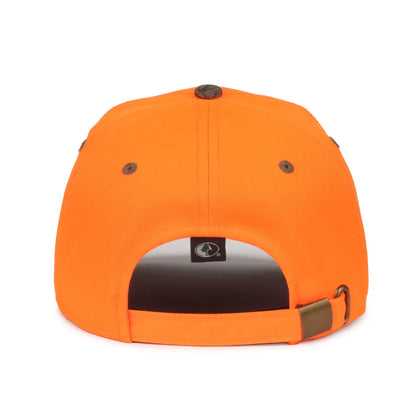 Orange and camouflage baseball 202IS-Blaze/Mossy Oak® Country DNA® cap back view on a white background