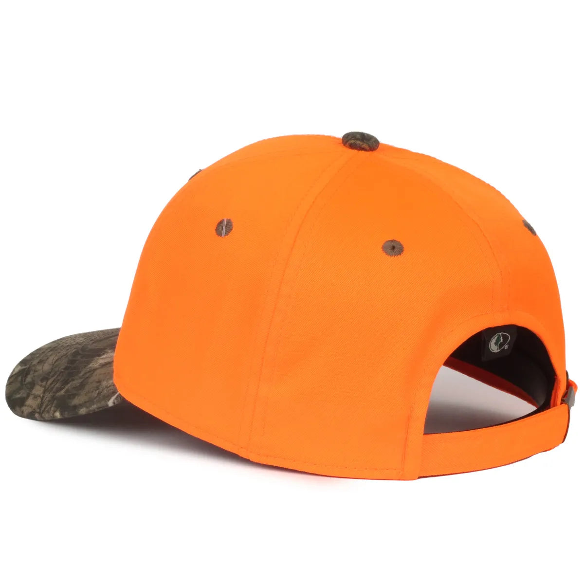 Orange and camouflage baseball 202IS-Blaze/Mossy Oak® Country DNA® cap side view on a white background