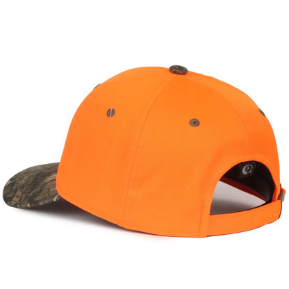 Orange and camouflage baseball 202IS-Blaze/Mossy Oak® Country DNA® cap side view on a white background