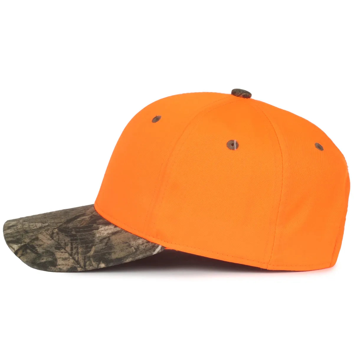 Orange and camouflage baseball 202IS-Blaze/Mossy Oak® Country DNA® cap side view on a white background