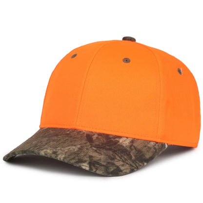 Orange and camouflage baseball 202IS-Blaze/Mossy Oak® Country DNA® cap on a white background