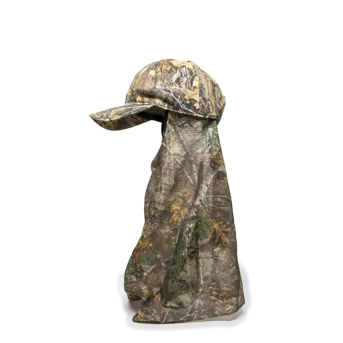 Camouflage 203DN-Realtree Edge™ cap with neck gaiter side view on a white background