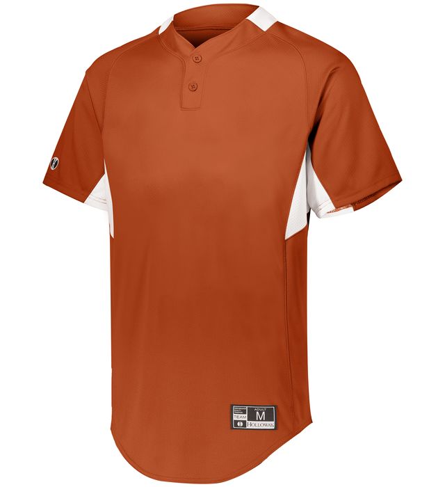 Orange Youth Game7 Two-Button baseball jersey with white accents on a white background