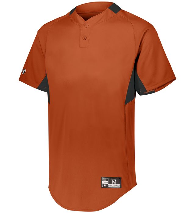 Orange Youth Game7 Two-Button baseball jersey with black accents on a white background