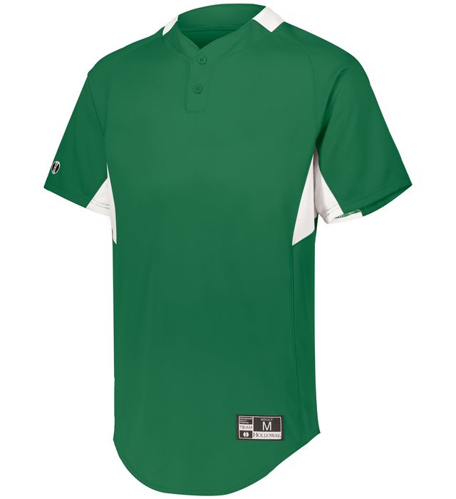 Green Youth Game7 Two-Button baseball jersey with white accents on a white background