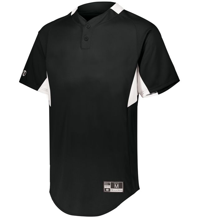 Black Youth Game7 Two-Button Baseball baseball jersey with white accents on a white background