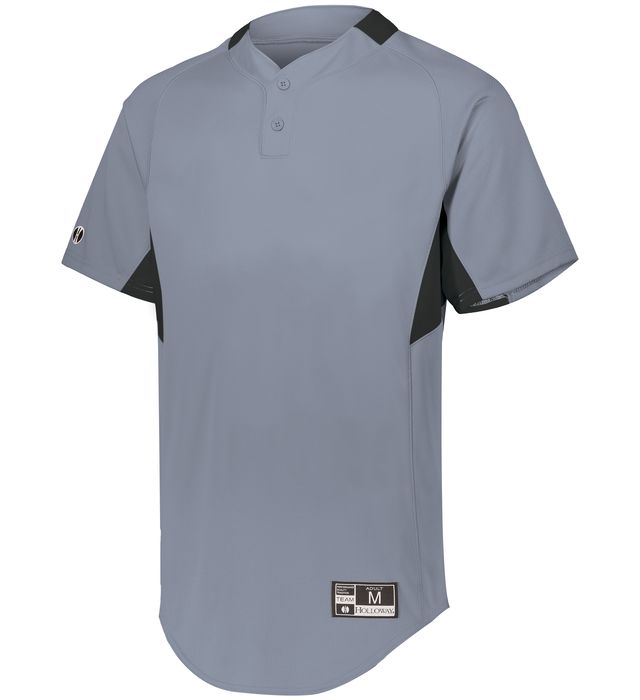 Gray Youth Game7 Two-Button Baseball jersey with black accents on a white background