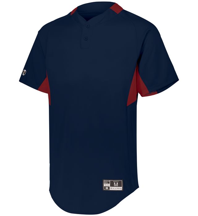 Navy Youth Game7 Two-Button baseball jersey with red accents on a white background
