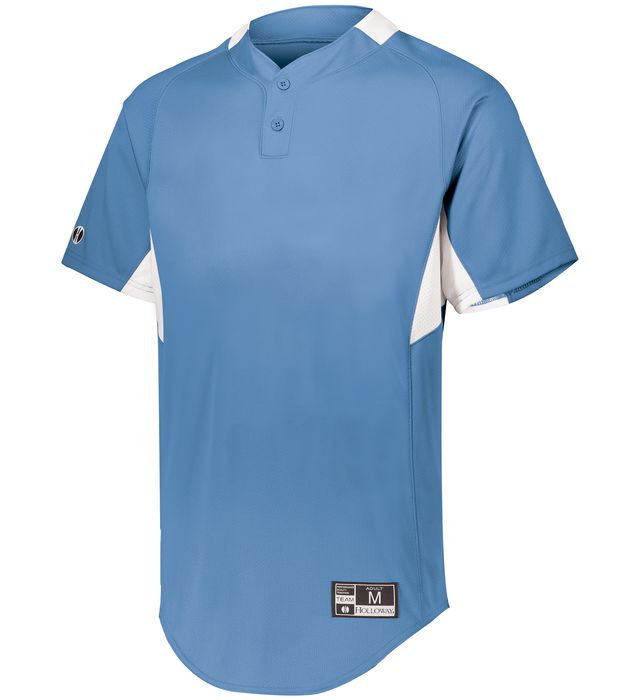 Light blue Youth Game7 Two-Button baseball jersey with white accents on a white background