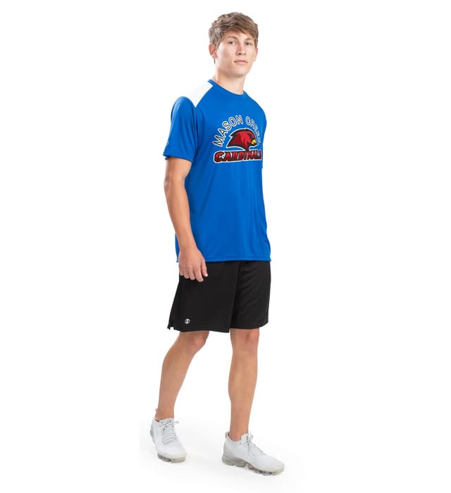 teen boy wearing Youth Momentum Team Tee with custom logo on the shirt on a white background