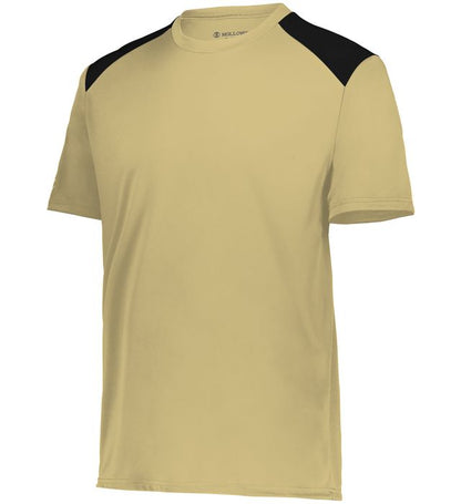 Vegas gold and black colored Momentum team tee shirt angled view on a white background