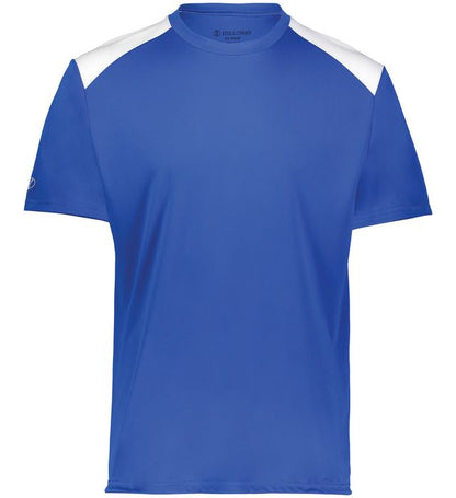 Royal and white colored Momentum team tee shirt angled view on a white background