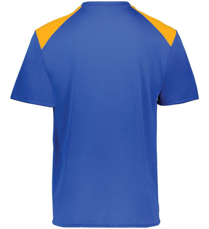 Royal and gold colored Momentum team tee shirt angled view on a white background