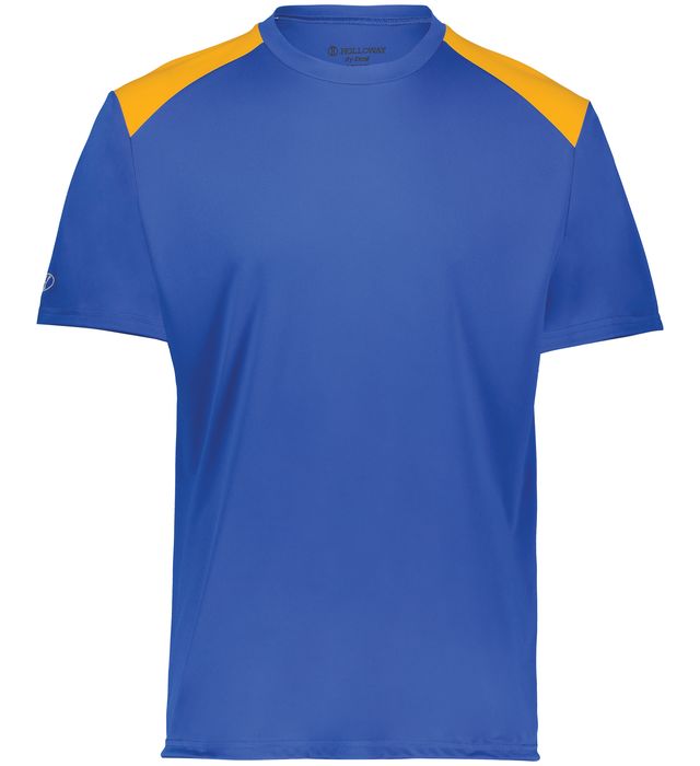 Royal and gold colored Momentum team tee shirt angled view on a white background