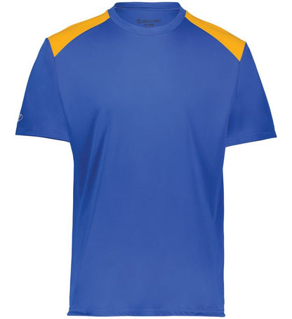 Royal and gold colored Momentum team tee shirt angled view on a white background