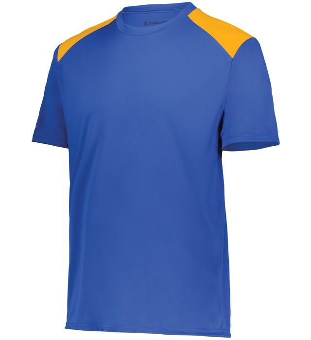 Royal and gold colored Momentum team tee angled view on a white background