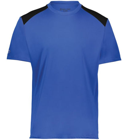 Royal and black colored Momentum team tee angled view on a white background