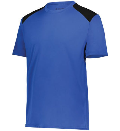 Royal and black colored Momentum team tee angled view on a white background