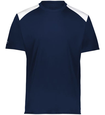 Navy and white colored Momentum team tee angled view on a white background