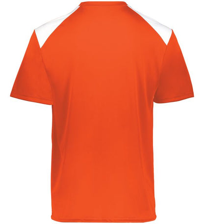 Orange and white colored Momentum team tee angled view on a white background