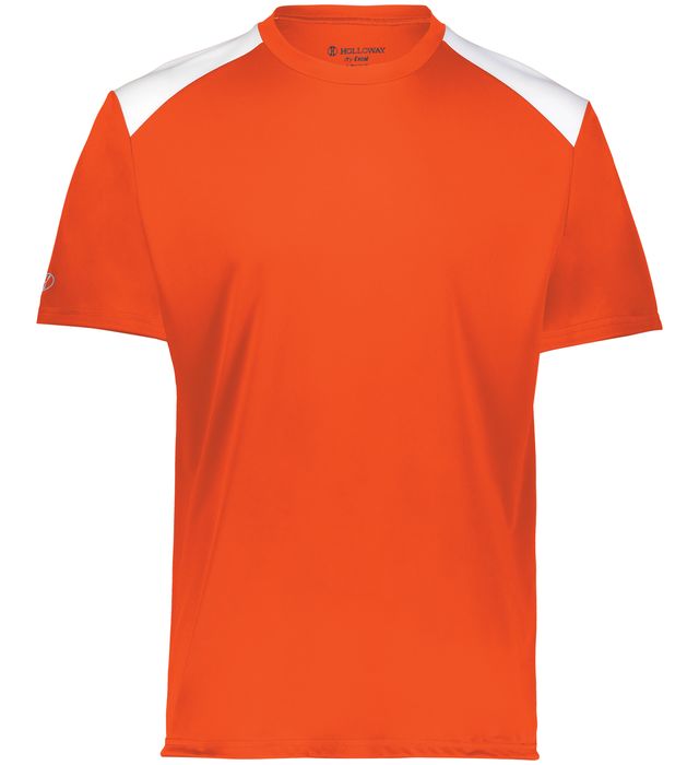 Orange and white colored Momentum team tee angled view on a white background