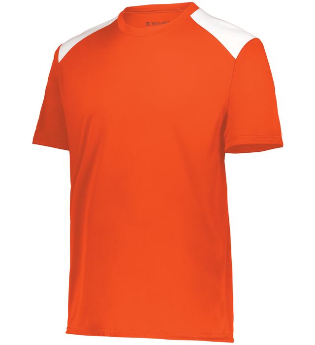 Orange and white colored Momentum team tee angled view on a white background