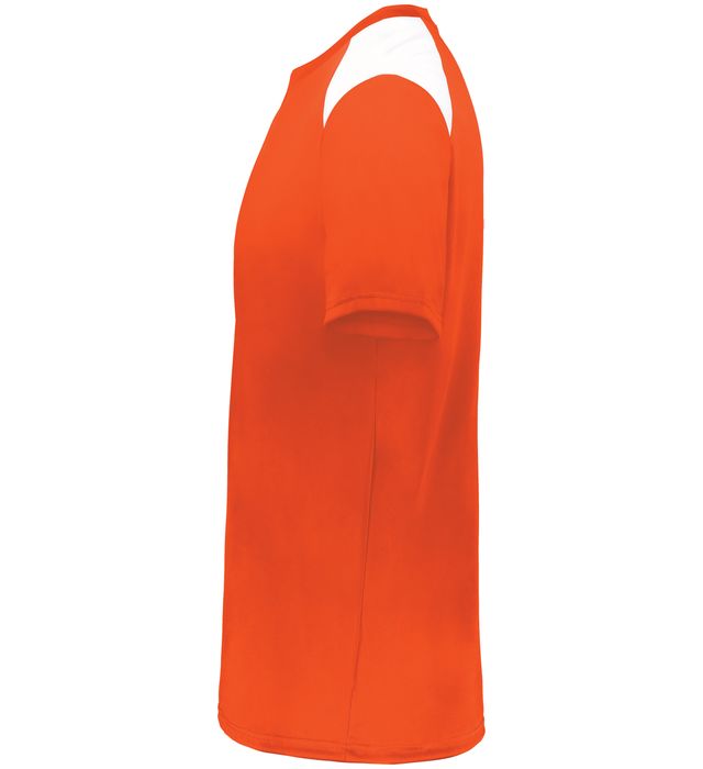 Orange and white colored Momentum team tee angled view on a white background