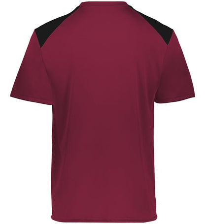 Maroon and black Momentum team tee angled view on a white background