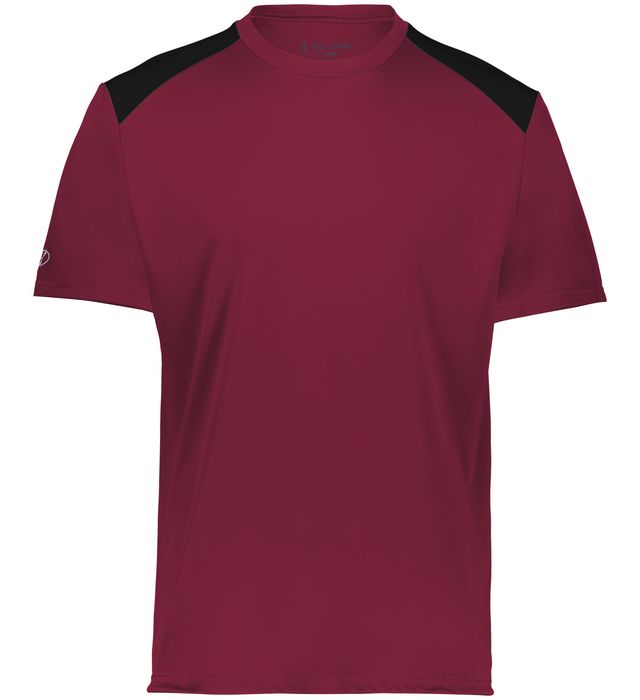 Maroon and black Momentum team tee angled view on a white background