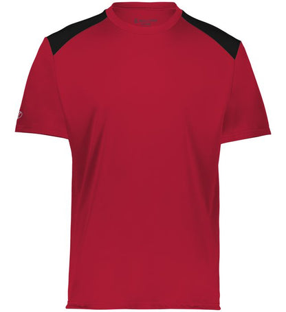 Scarlet and Navy colored Momentum team tee shirt angled view on a white background
